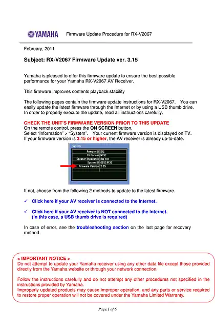 yamaha雅马哈RX-V2067 Firmware Update ver. 3.15_Installation_Manual_For_Other_Area_Than_Europe